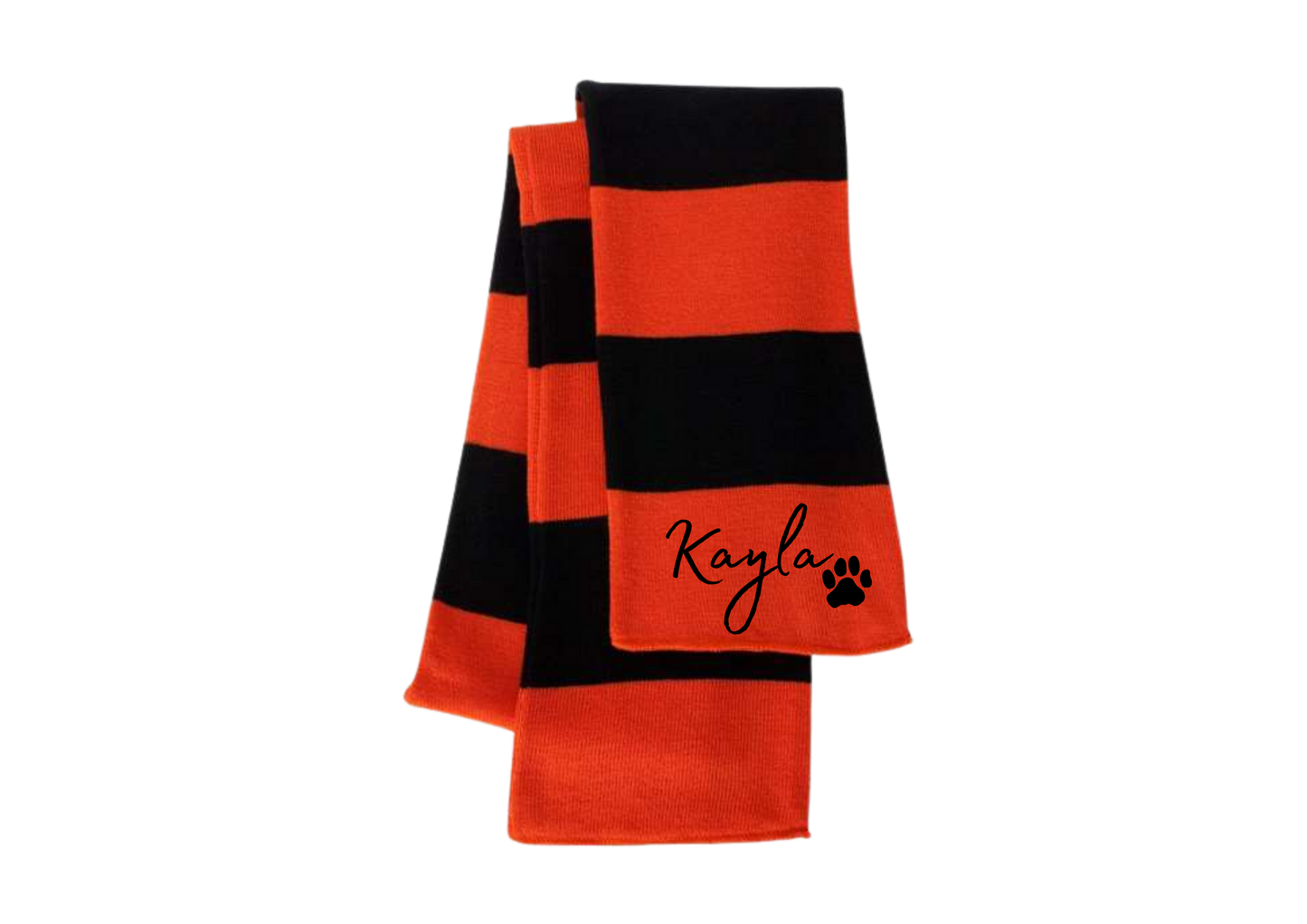 **PRE-ORDER** LFA Paw Print Personalized Embroidered Striped Knit Scarf - One-Size Fits Most - Orange/Black