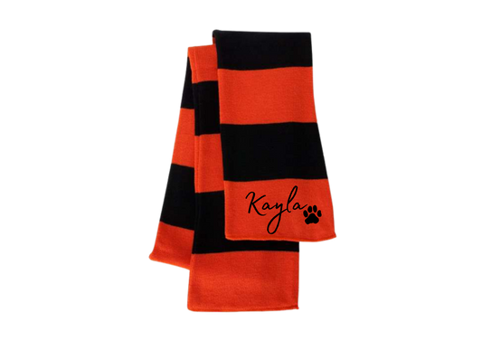 **PRE-ORDER** LFA Paw Print Personalized Embroidered Striped Knit Scarf - One-Size Fits Most - Orange/Black
