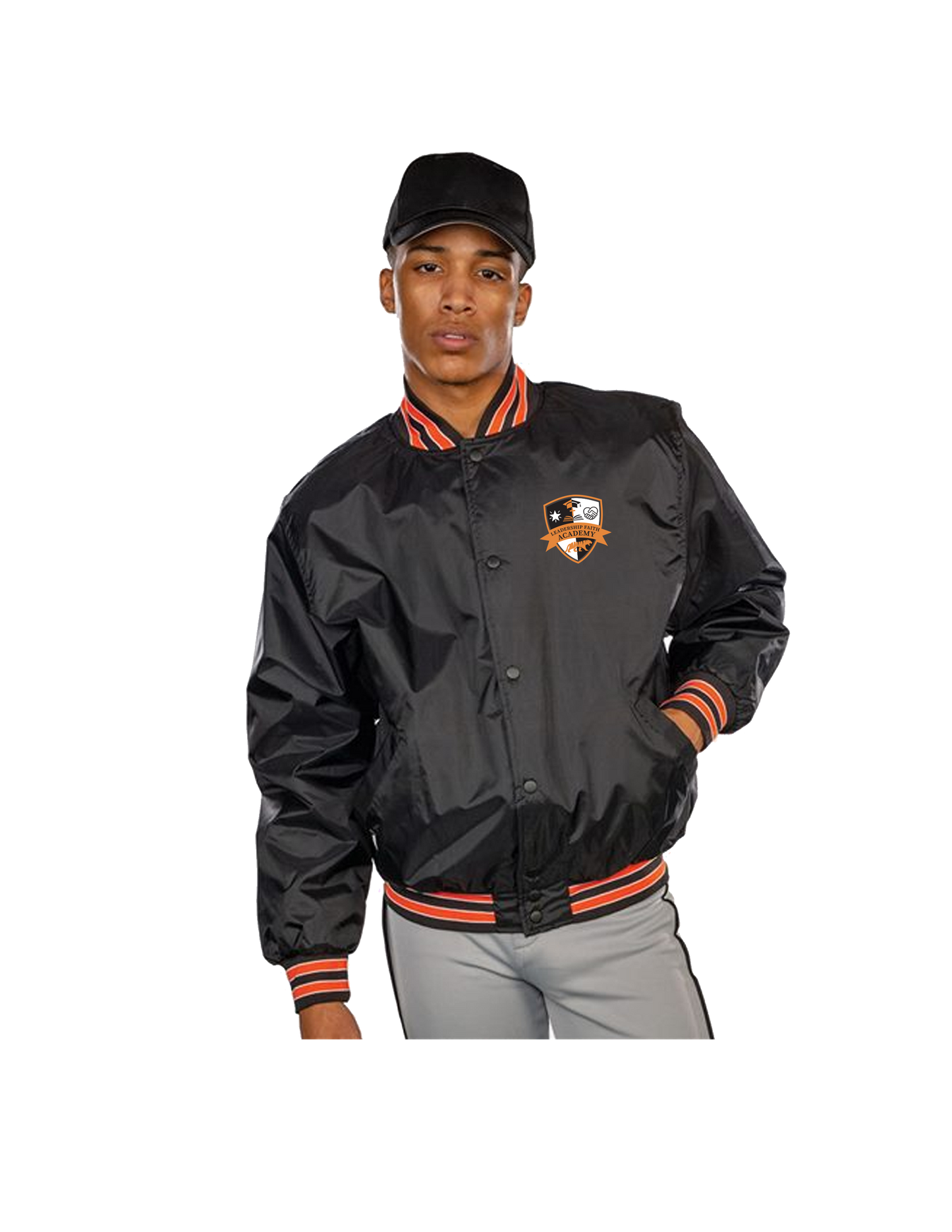 **PRE-ORDER** LFA Embroidered Nylon Varsity Jacket - Adult Unisex - Black and Orange